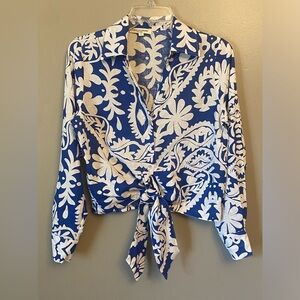 Christian Siriano shirt size Small linen/rayon colorful top blue white floral